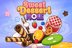Ilustración colorida con el texto Sweet Dessert Hole y varios postres y frutas como barquillos, una dona glaseada, una fresa, una rebanada de naranja y un kiwi sobre un fondo azul