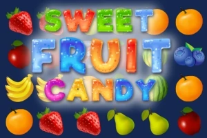 Letras coloridas que dicen Sweet Fruit Candy rodeadas de ilustraciones de frutas como fresas, naranjas, manzanas, plátanos y moras azules sobre un fondo oscuro
