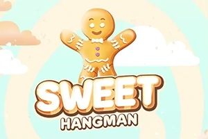 Galleta de jengibre sonriente con un fondo de nubes y texto que dice SWEET HANGMAN