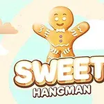 Galleta de jengibre sonriente con un fondo de nubes y texto que dice SWEET HANGMAN