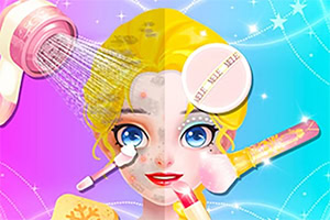 Mujer rubia estilizada con varios productos cosméticos aplicados y herramientas de belleza sobre un fondo colorido
