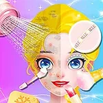 Mujer rubia estilizada con varios productos cosméticos aplicados y herramientas de belleza sobre un fondo colorido