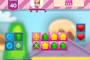 Interfaz de juego con formas de dulces de colores brillantes y corazones en la pantalla