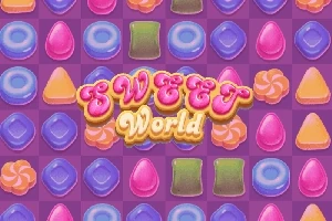 Dulces coloridos variados sobre un fondo lila con el texto Sweet World en estilo llamativo