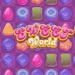 Dulces coloridos variados sobre un fondo lila con el texto Sweet World en estilo llamativo