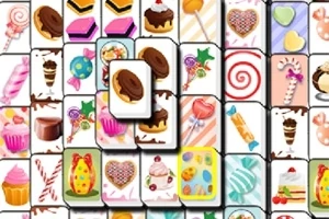 Fichas de mahjong con imágenes de postres coloridos como pasteles, helados y caramelos