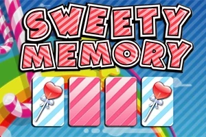 Título SWEETY MEMORY con fondos de caramelos y cartas con paletas de corazón