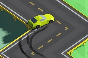 Coche amarillo derrapando en una intersección de camino con marcas de neumáticos sobre el asfalto