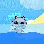Un pequeño personaje con orejas grandes y ojos redondos flotando en el agua con un cielo azul y una nube en el fondo