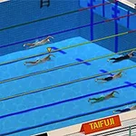 Competencia de natación con varios nadadores en una piscina con carriles marcados por líneas de colores