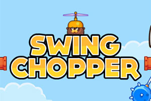Título Swing Chopper con un personaje volador con casco helicóptero sobre un fondo azul con nubes