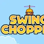 Título Swing Chopper con un personaje volador con casco helicóptero sobre un fondo azul con nubes