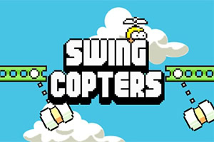 Gráfico de un cielo azul con nubes, un personaje con hélice en la cabeza y plataformas verdes con martillos colgando, con el texto SWING COPTERS en el centro