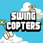 Gráfico de un cielo azul con nubes, un personaje con hélice en la cabeza y plataformas verdes con martillos colgando, con el texto SWING COPTERS en el centro