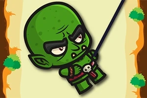 Un personaje verde con orejas puntiagudas y expresión seria, sosteniendo una cuerda en un entorno con árboles pequeños