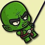Un personaje verde con orejas puntiagudas y expresión seria, sosteniendo una cuerda en un entorno con árboles pequeños