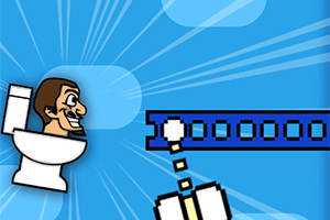 Hombre en un inodoro sonriente con un fondo azul y diseño pixelado que incluye un cañón disparando