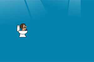 Personaje pixelado sentado en un inodoro sobre un fondo azul