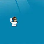 Personaje pixelado sentado en un inodoro sobre un fondo azul