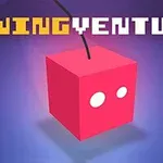 Cubo rosa con ojos blancos colgando de un cable negro frente a un fondo azul, acompañado del texto SWING VENTURE en la parte superior