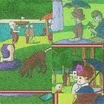 Ilustración abstracta colorida con personajes en un parque, destacando un hombre tocando un instrumento, un perro, un niño pequeño y figuras con sombreros