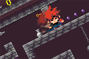 Personaje pixelado con cabello rojo corriendo en un nivel de plataforma con ladrillos y objetos recogibles