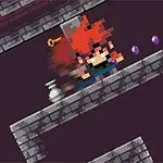 Personaje pixelado con cabello rojo corriendo en un nivel de plataforma con ladrillos y objetos recogibles