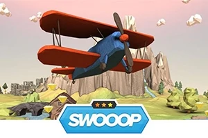 Biplano rojo y azul volando sobre un paisaje montañoso con el logo Swooop en la parte inferior