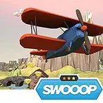 Biplano rojo y azul volando sobre un paisaje montañoso con el logo Swooop en la parte inferior