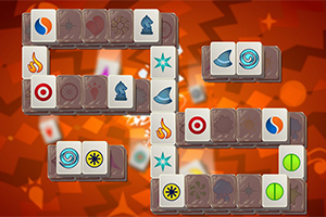 Fichas de juego con símbolos coloridos sobre un fondo abstracto naranja y rojo