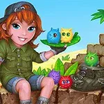 Niña sonriente con gorra y ropa verde, rodeada de criaturas coloridas y esponjosas en un entorno tropical con palmeras y cielo azul