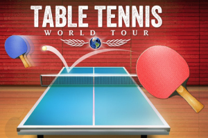 Mesa de tenis de mesa con raquetas azul y roja, sobre un fondo de pared roja con texto en la parte superior