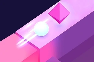 Bola brillante moviéndose por un camino geométrico con un fondo violeta y un objeto triangular color rosa
