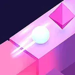 Bola brillante moviéndose por un camino geométrico con un fondo violeta y un objeto triangular color rosa