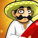 Personaje con sombrero y bigote sosteniendo un chile rojo grande sobre un fondo naranja brillante