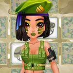 Mujer de cabello negro y corto con ropa militar verde y boina, rodeada de un fondo de camuflaje