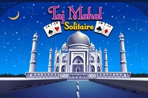 Ilustración del Taj Mahal con cartas de naipes flotando sobre un cielo estrellado y un texto decorativo