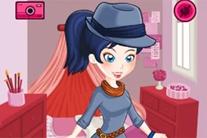 Personaje animado con cabello azul en coleta, sombrero gris y bufanda marrón, en una habitación con muebles rojos y decoraciones rosadas