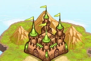 Castillo con torres y banderas verdes sobre una isla con montañas al fondo