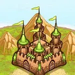 Castillo con torres y banderas verdes sobre una isla con montañas al fondo