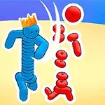 Figura azul con una corona enfrentando a figuras rojas en un fondo desértico