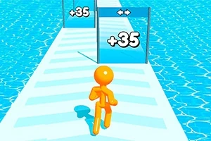 Personaje naranja corriendo sobre un camino azul hacia puertas con símbolos de suma y el número 35, con un fondo de agua