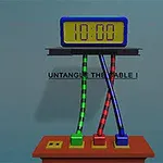 Reloj digital sobre una mesa con tres cables de colores entrelazados