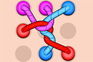 Conexiones de cuerdas de colores rojo, azul y morado entre cuatro puntos sobre un fondo beige