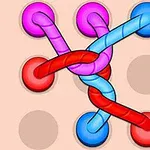 Conexiones de cuerdas de colores rojo, azul y morado entre cuatro puntos sobre un fondo beige