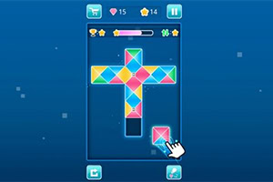 Interfaz de juego con forma geométrica colorida y un cursor seleccionando una pieza