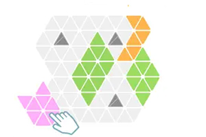 Triángulos de colores verde, naranja, rosa y gris en un patrón hexagonal con un cursor de mano señalando una pieza rosa