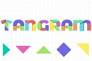Letras coloridas formando la palabra TANGRAM con figuras geométricas de colores debajo sobre una cuadrícula