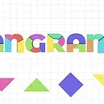 Letras coloridas formando la palabra TANGRAM con figuras geométricas de colores debajo sobre una cuadrícula