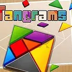 Coloridos bloques geométricos formando un cuadrado sobre una superficie de madera con la palabra Tangrams en letras multicolores